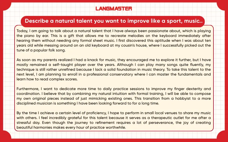 bài mẫu ielts speaking part 2 Describe a natural talent you want to improve like a sport, music, etc…