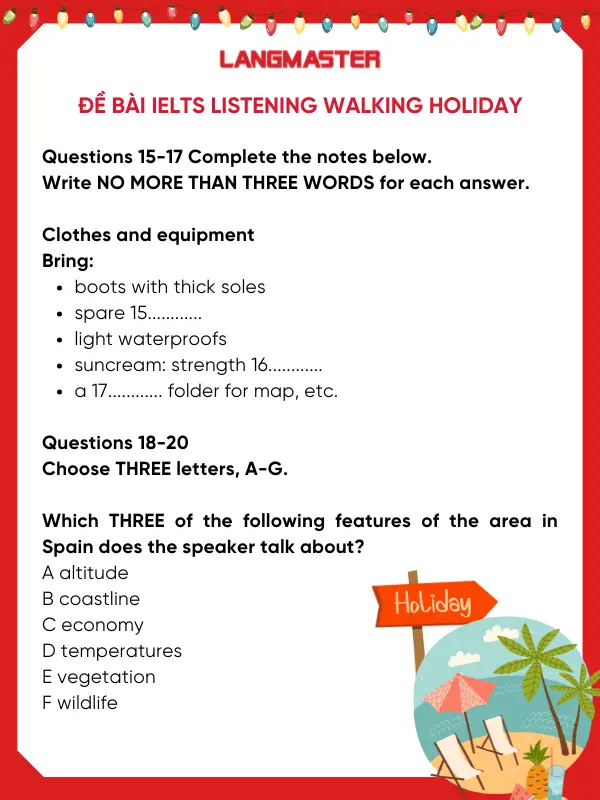 Đề bài IELTS Listening Walking holiday