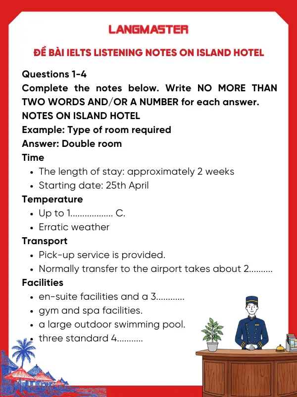 Đề bài IELTS Listening Notes on island hotel