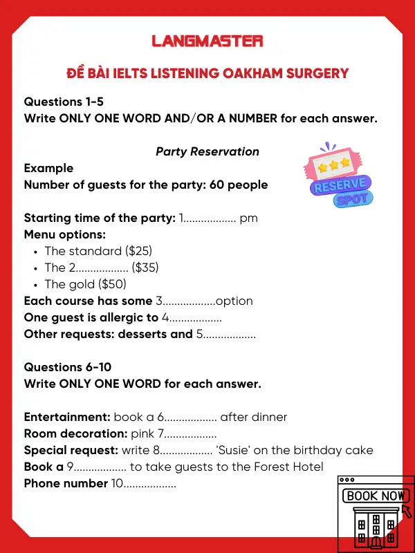 Đề bài IELTS Listening Party reservation
