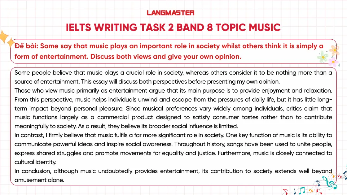 Bài mẫu IELTS Writing Task 2 band 8 topic Music