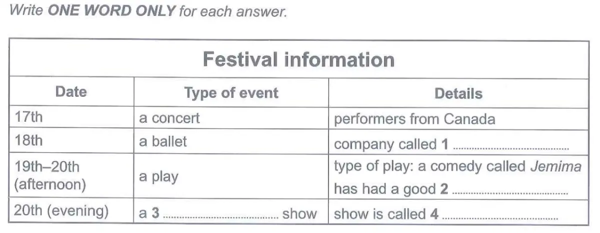 Festival Information IELTS Listening Part 1 Cam 15 Test 2