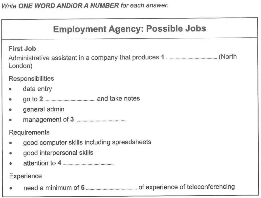 Employment Agency: Possible Jobs IELTS Listening Cam 15 Test 3