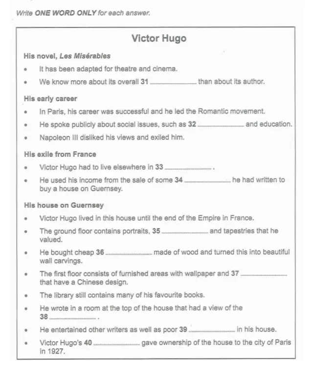 Victor Hugo IELTS Listening Cam 18 Test 4