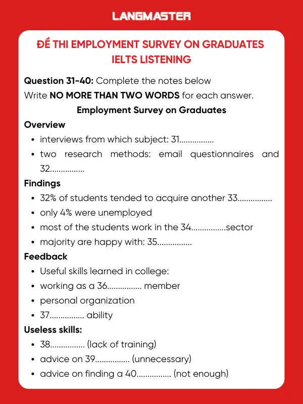 Đề thi thật Employment survey on graduates IELTS Listening