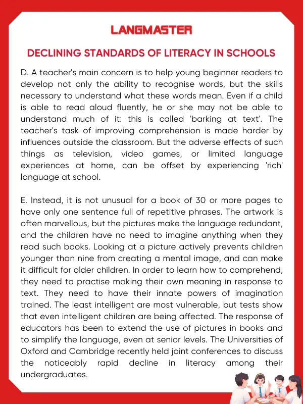 Bài đọc IELTS Declining standards of literacy in schools