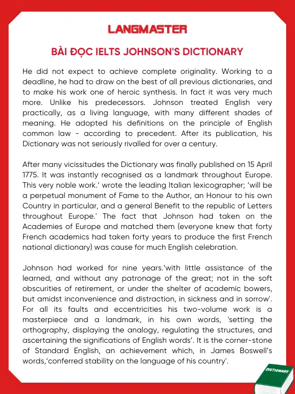 Johnson's Dictionary bài đọc IELTS Reading