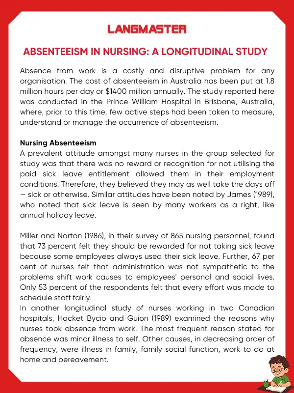 Bài đọc IELTS Reading topic Education Absenteeism in nursing: A longitudinal study