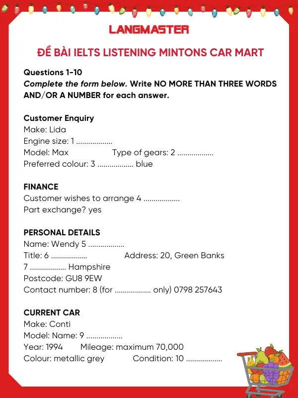 Đề bài IELTS Listening Mintons car mart