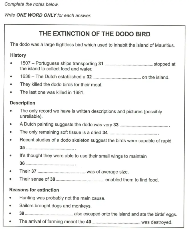 the extinction of the dodo bird ielts listening note completion