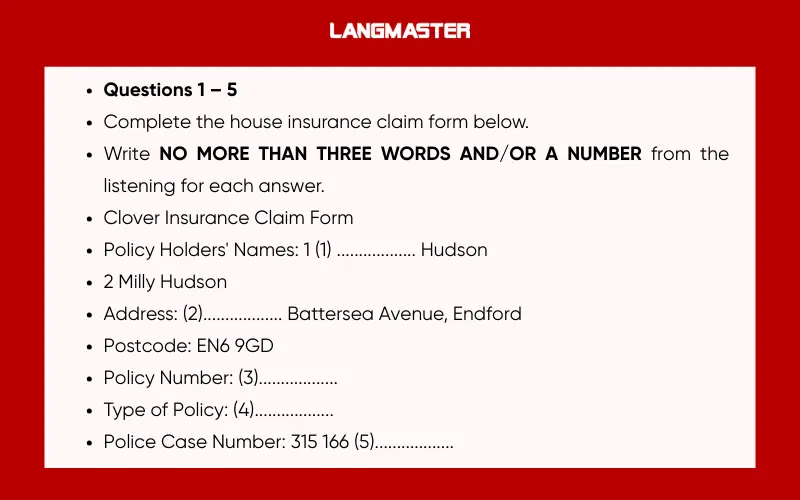 Đề bài IELTS IELTS Listening Clover Insurance Claim Form