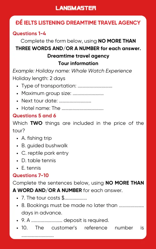 Đề thi IELTS Listening dreamtime travel agency
