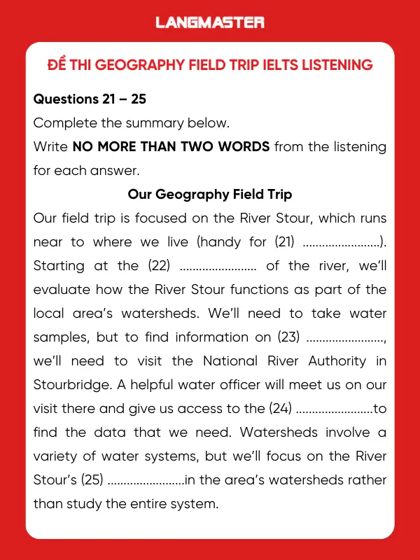 Đề thi Geography field trip IELTS Listening