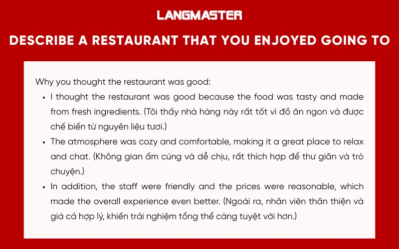 Dàn ý bài Describe a restaurant that you enjoyed going to