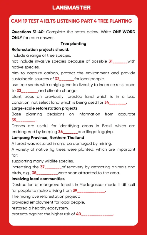 Đề Cam 19 Test 4 IELTS Listening Part 4 Tree Planting