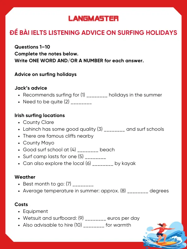 Đề bài IELTS Listening Advice on surfing holidays
