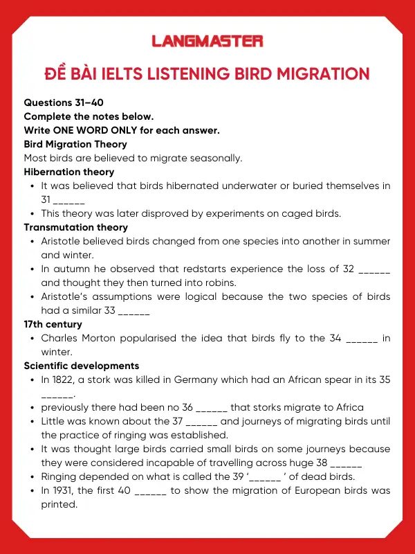 Đề bài IELTS Listening Bird Migration