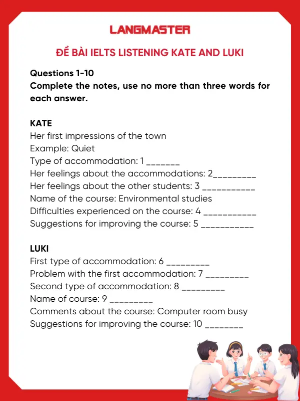 Đề bài IELTS Listening Kate and Luki