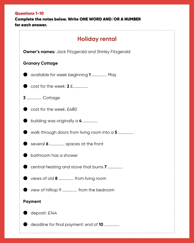 Holiday Rental IELTS Listening