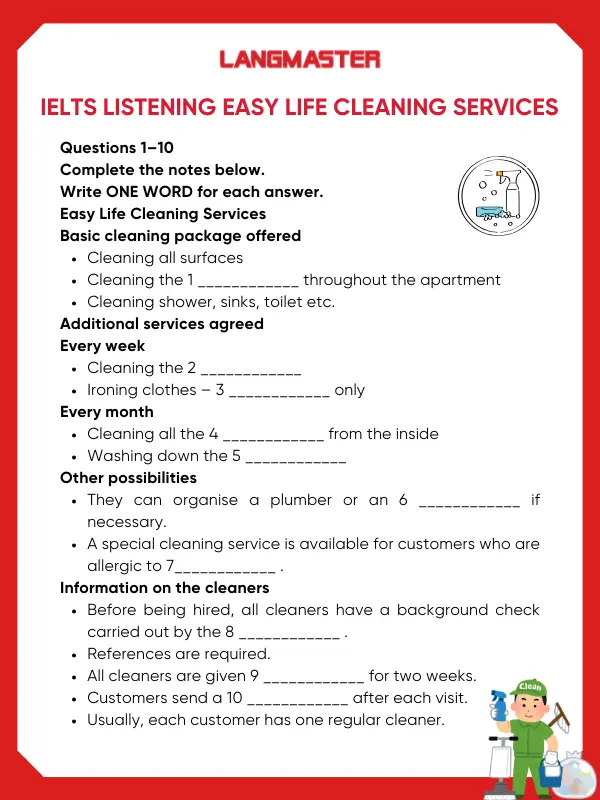 Đề bài IELTS Listening Easy Life Cleaning Services