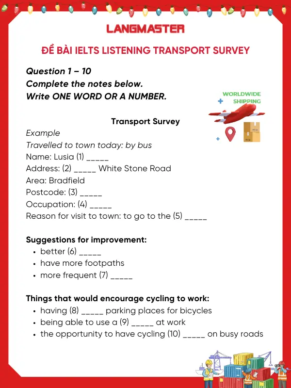 Đề bài IELTS Listening Transport survey