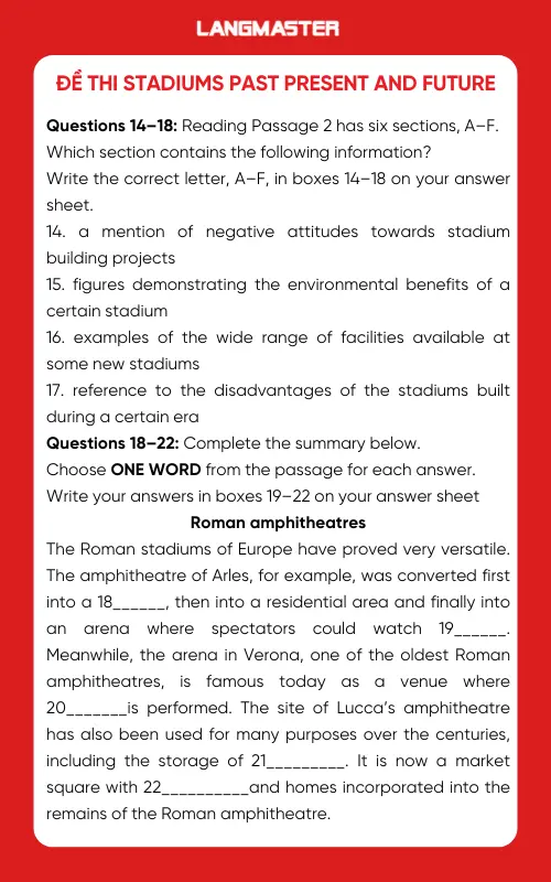 Đề thi Stadiums past present and future