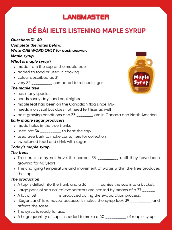 Đề bài IELTS Reading Maple Syrup