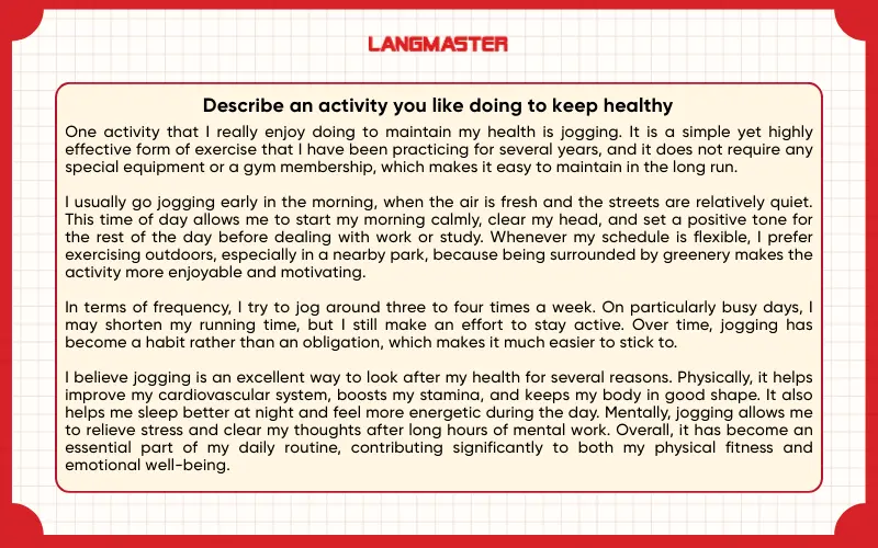 Sample answer Describe an activity you like doing to keep healthy IELTS Speaking Part 2
