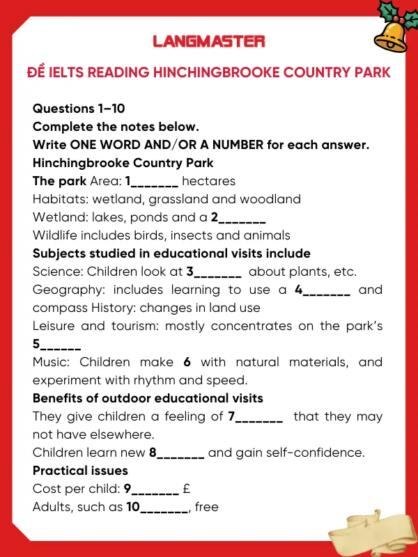 Đề bài IELTS Listening Hinchingbrooke Country Park
