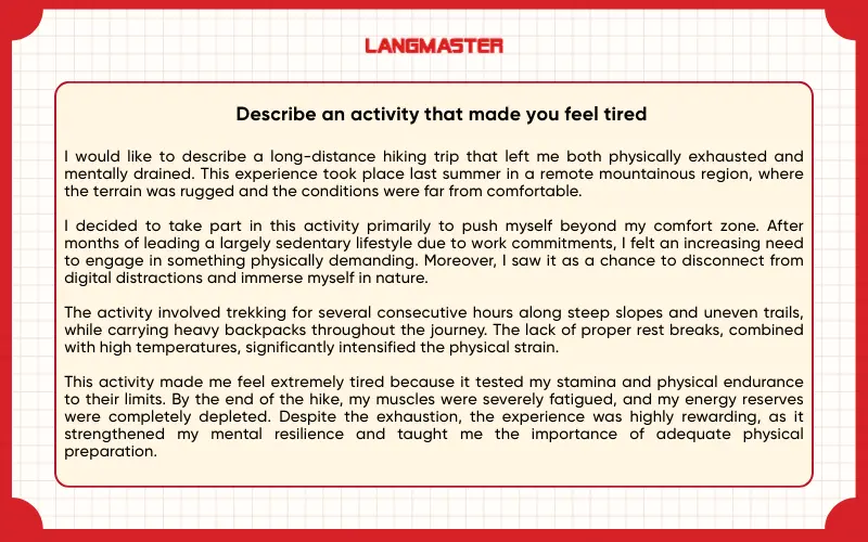 Bài mẫu Describe an activity that made you feel tired IELTS Speaking Part 2