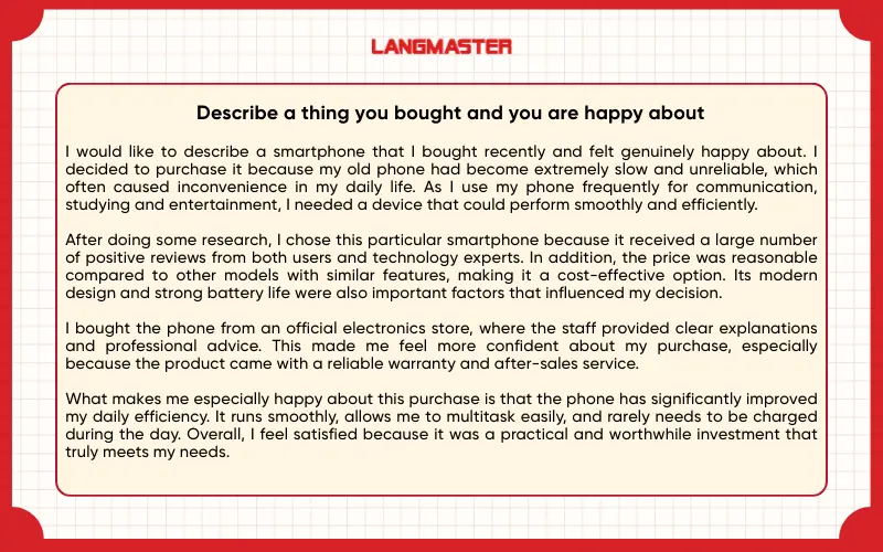 Bài mẫu Describe a thing you bought and you are happy about IELTS Speaking Part 2