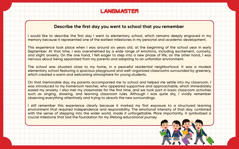 Sample answer Describe the first day you went to school that you remember IELTS Speaking Part 2