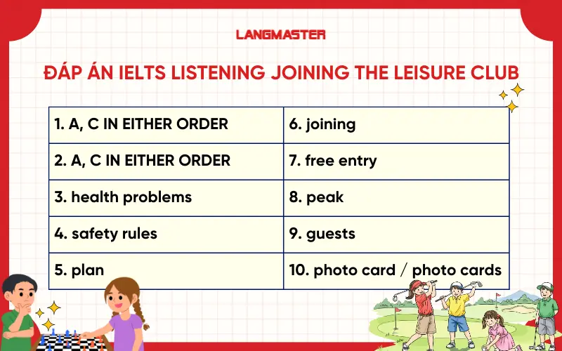 Đáp án đề IELTS Listening Joining the leisure club