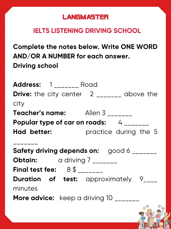 Đề bài IELTS Listening Driving School