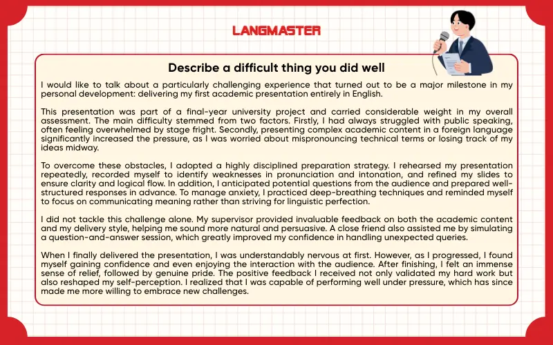 Bài mẫu Describe a difficult thing you did well IELTS Speaking Part 2