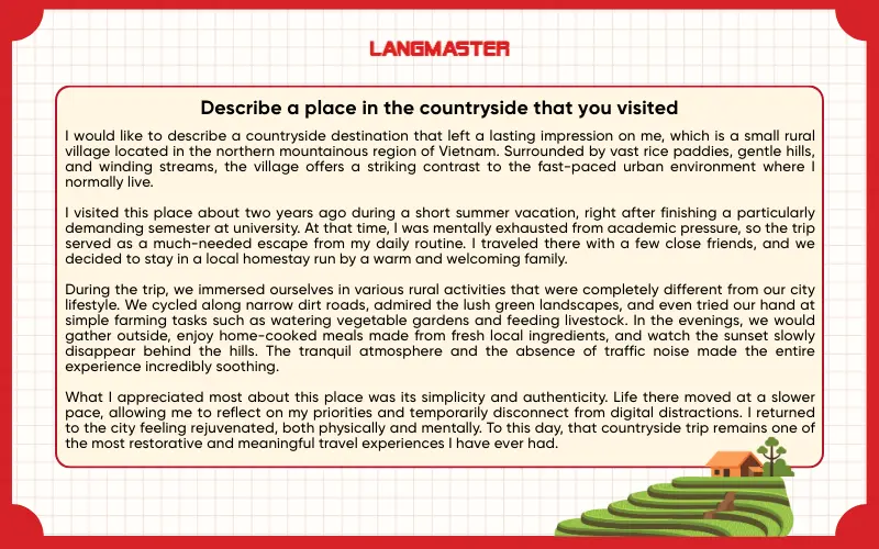 Sample answer Describe a place in the countryside that you visited IELTS Speaking Part 2