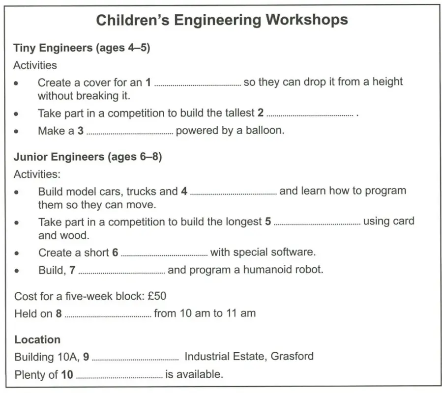 Children’s Engineering Workshops IELTS Listening