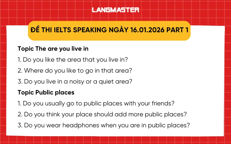 Đề thi IELTS Speaking ngày 16.01.2026 Part 1