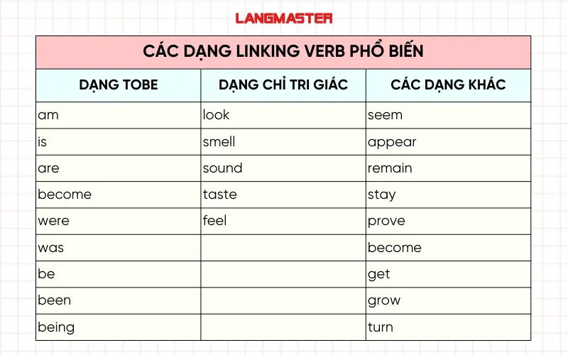 Các dạng linking verb phổ biến