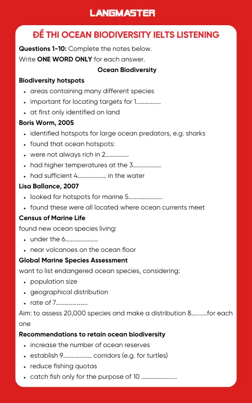 Đề thi Ocean biodiversity IELTS Listening