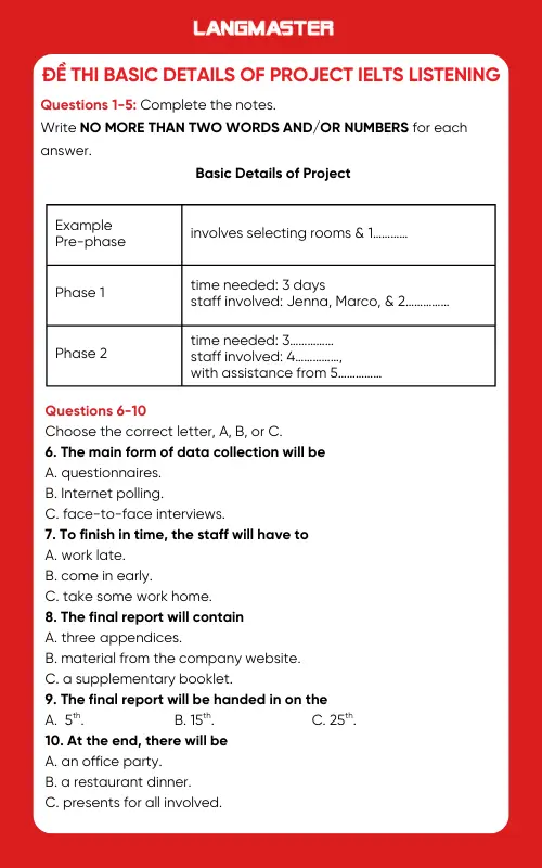 Đề thi Basic details of project IELTS Listening