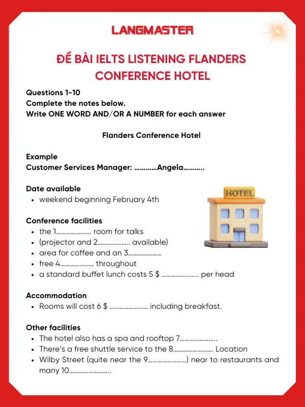 Đề bài IELTS Listening Flanders 
conference hotel