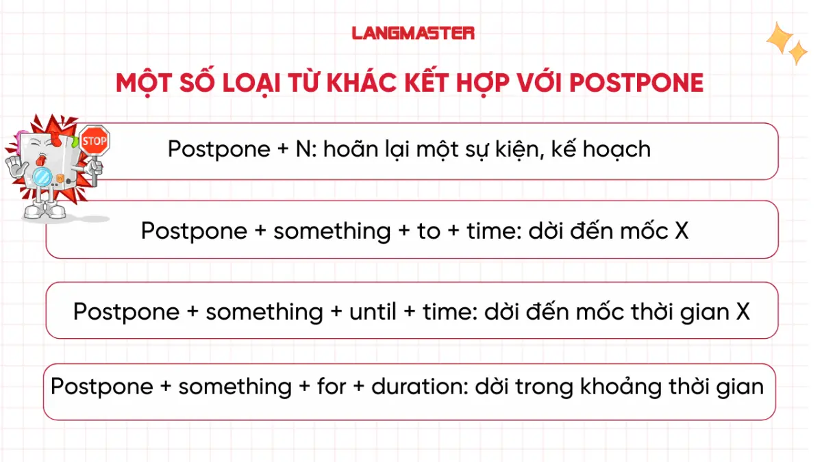 Một số loại từ khác kết hợp với Postpone
