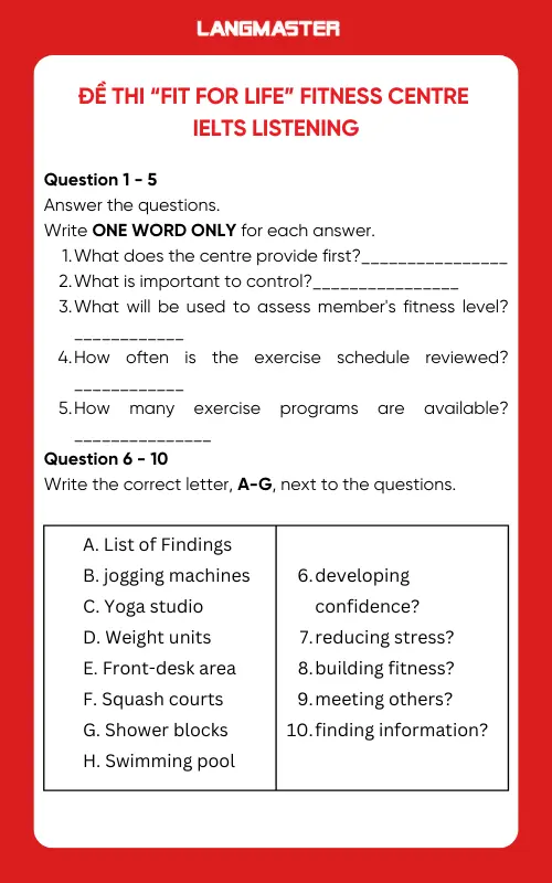 Đề thi “Fit For Life” Fitness Centre IELTS Listening