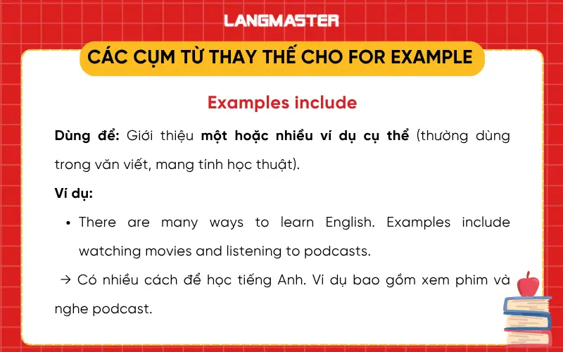 Cụm từ thay thế cho for example - examples include