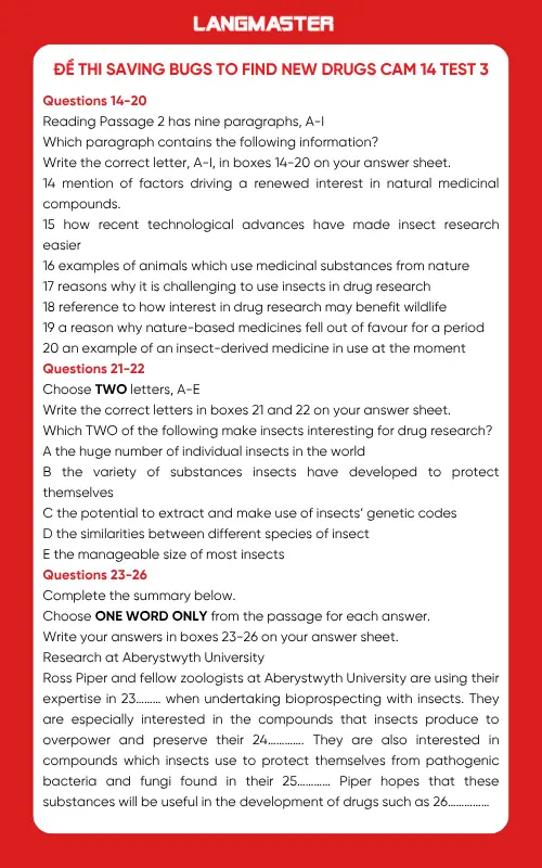 Đề thi Saving bugs to find new drugs IELTS Reading