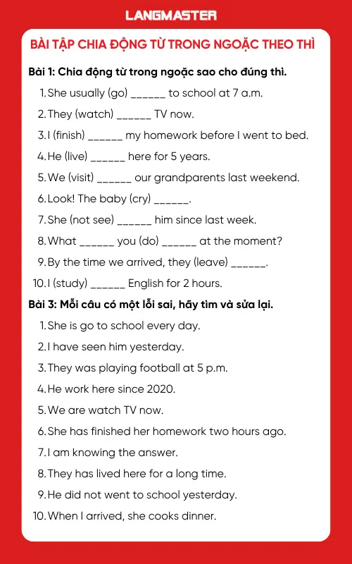 Bài tập chia động từ trong ngoặc theo thì