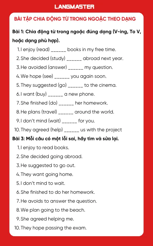 Bài tập chia động từ trong ngoặc theo dạng 