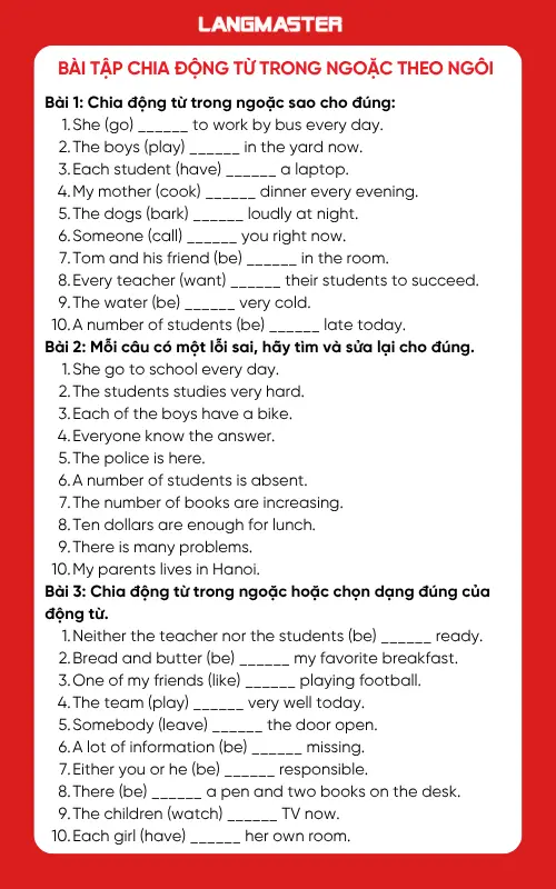 Bài tập chia động từ trong ngoặc theo ngôi chủ ngữ