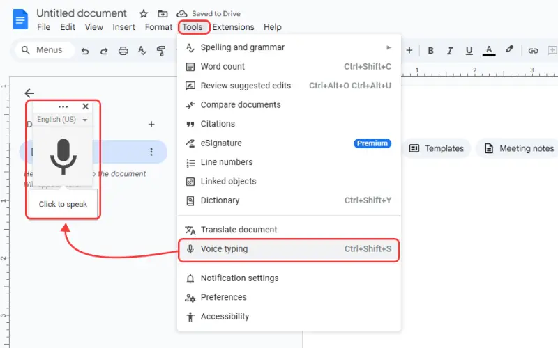 Ứng dụng Google Docs Voice Typing học ielts